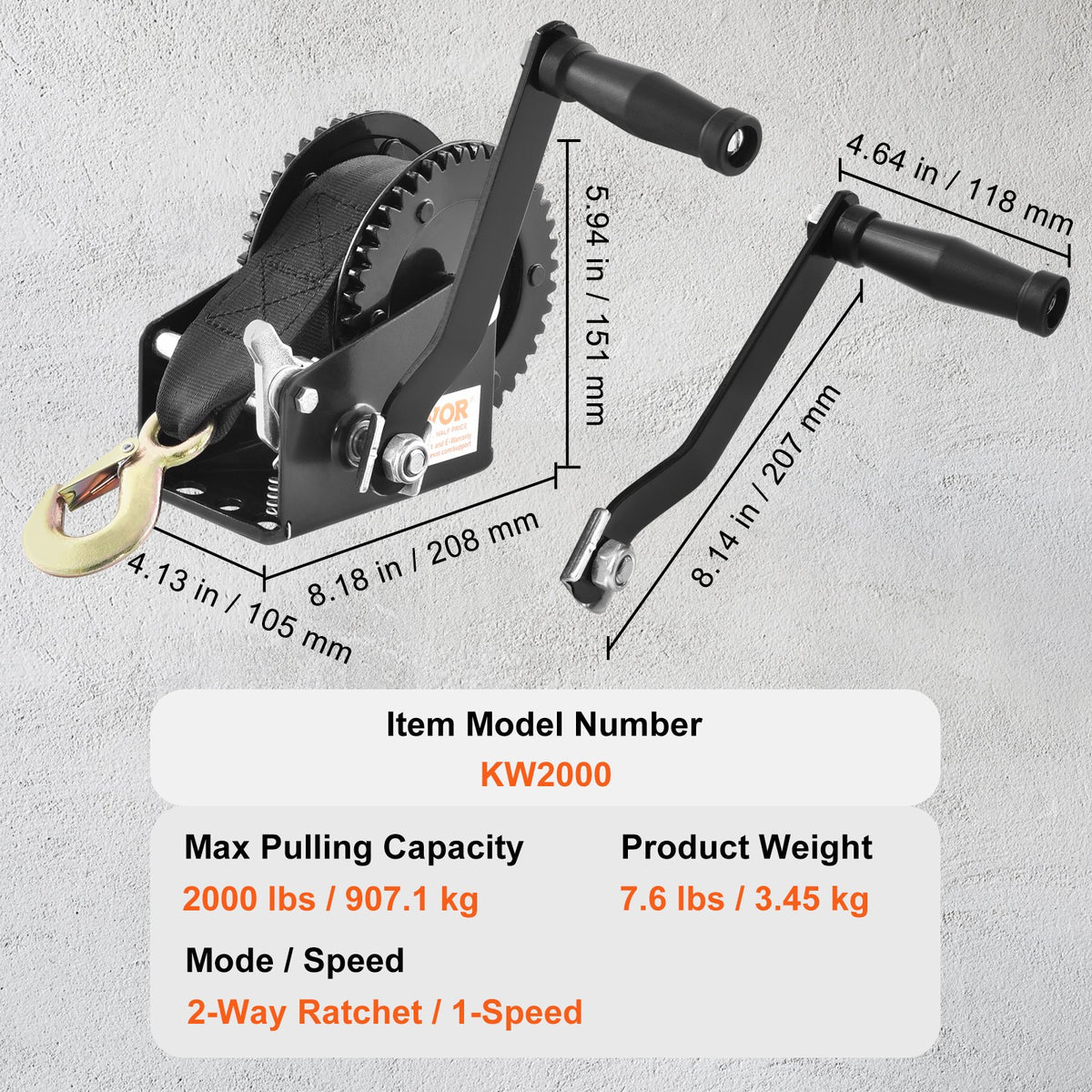 Hand Winch, 2000 lbs Pulling Capacity, Boat Trailer Winch Heavy Duty